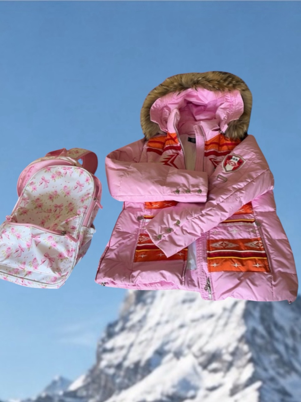 Bogner Pink Hooded Ski Puffer Jacket with  Fur Hood Trim